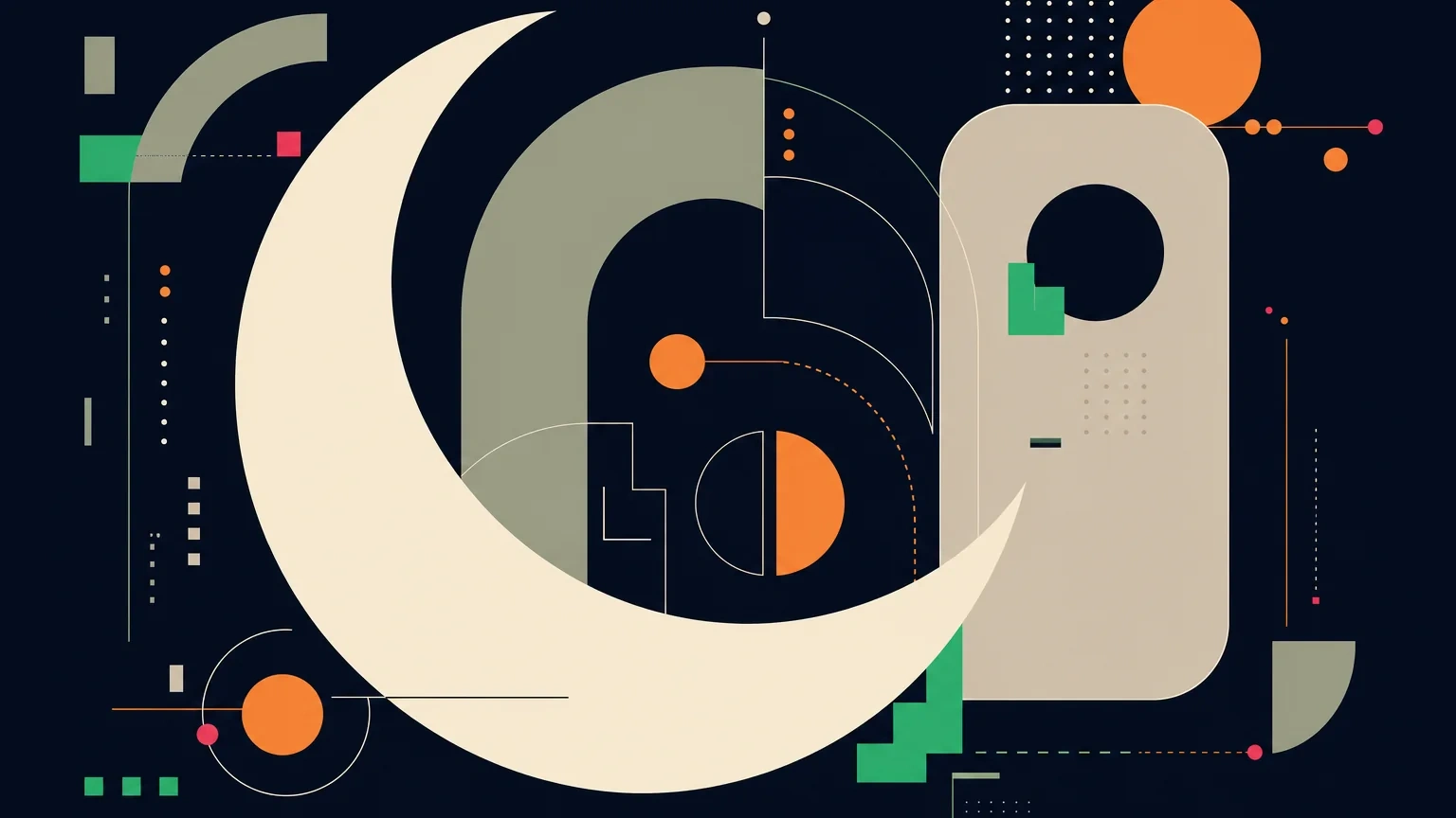 Bauhaus crescent and target forms suggesting a hidden word coming into focus