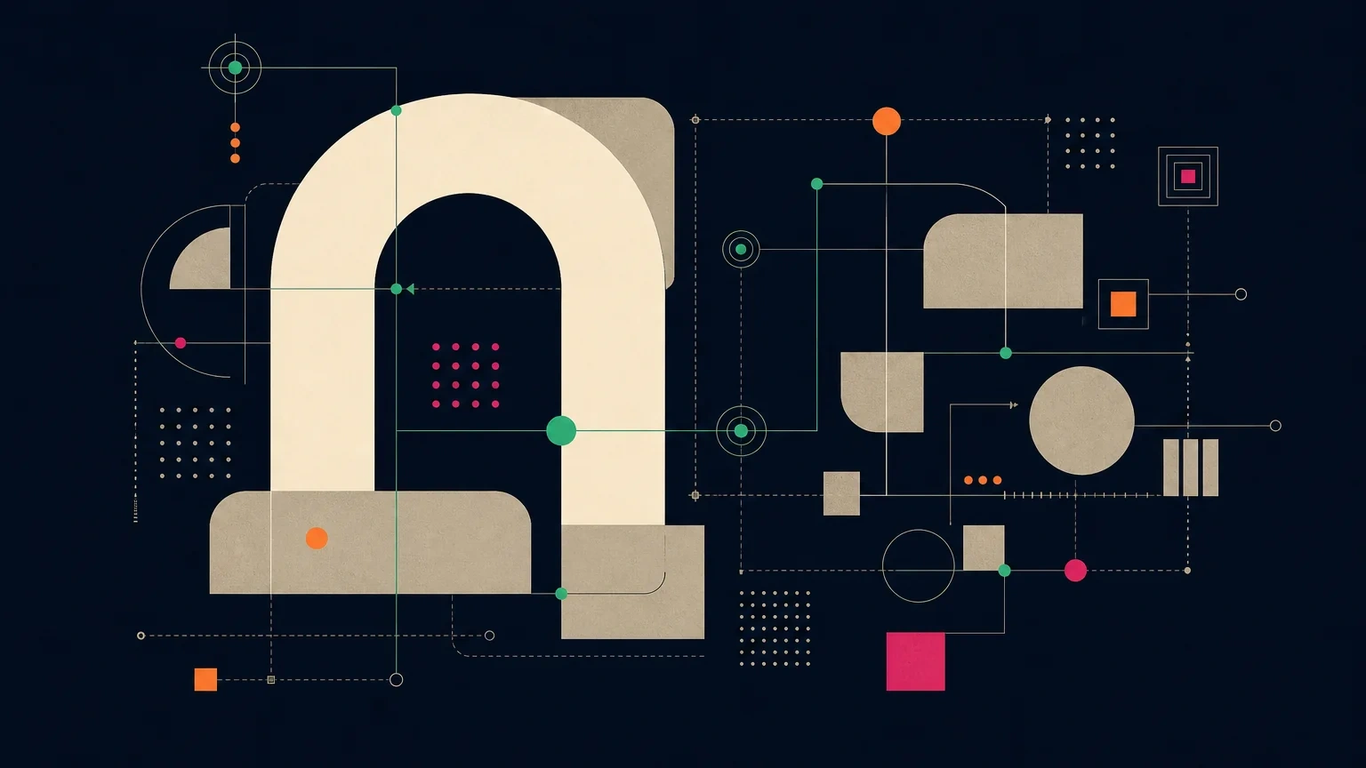 Abstract arch, word map, and geometric markers representing a beginner path through Contexto.