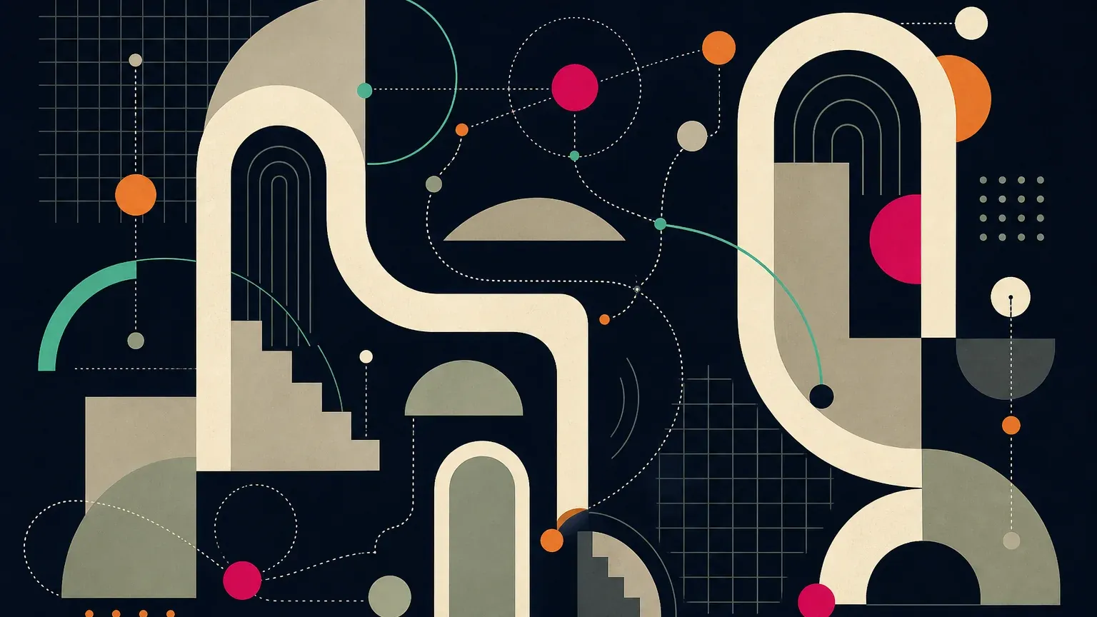 Abstract arch and maze forms comparing two paths through semantic word space for Contexto and Semantle.
