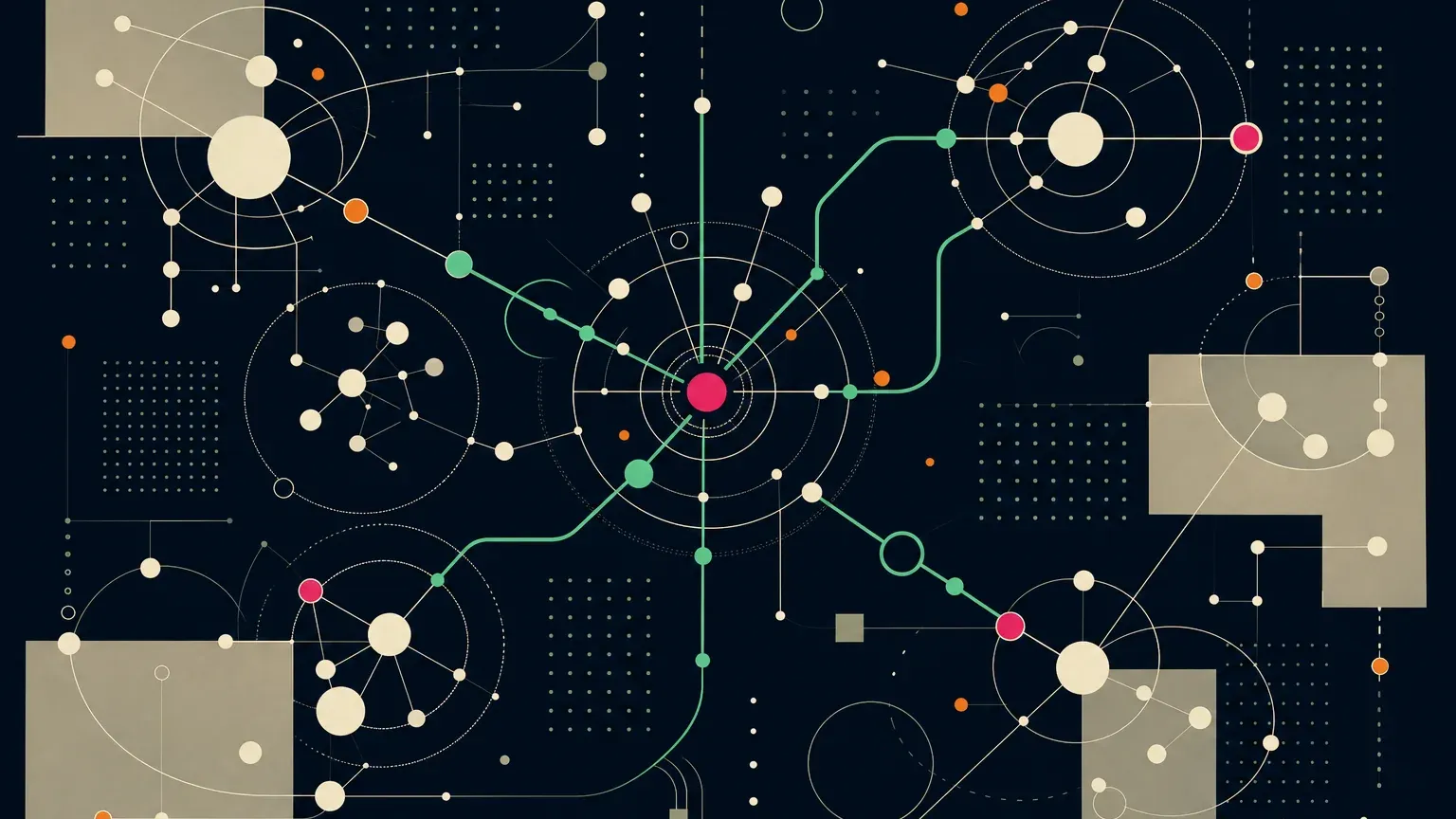 Interconnected nodes and constellation lines representing semantic word games and meaning networks similar to Contexto.