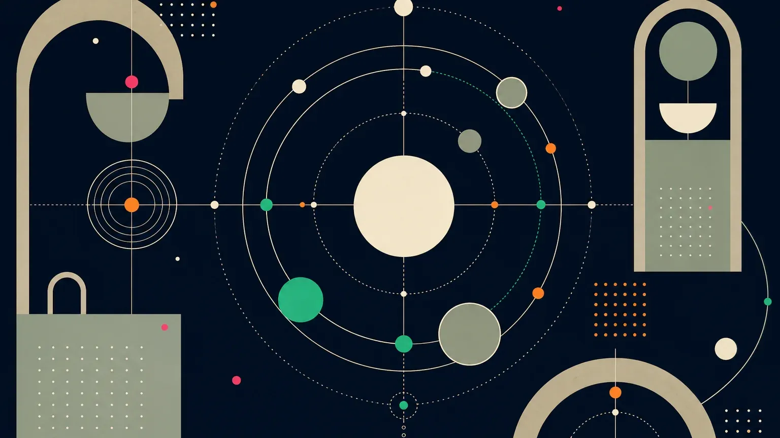 Bauhaus orbit map of forms representing AI meaning similarity around a secret word