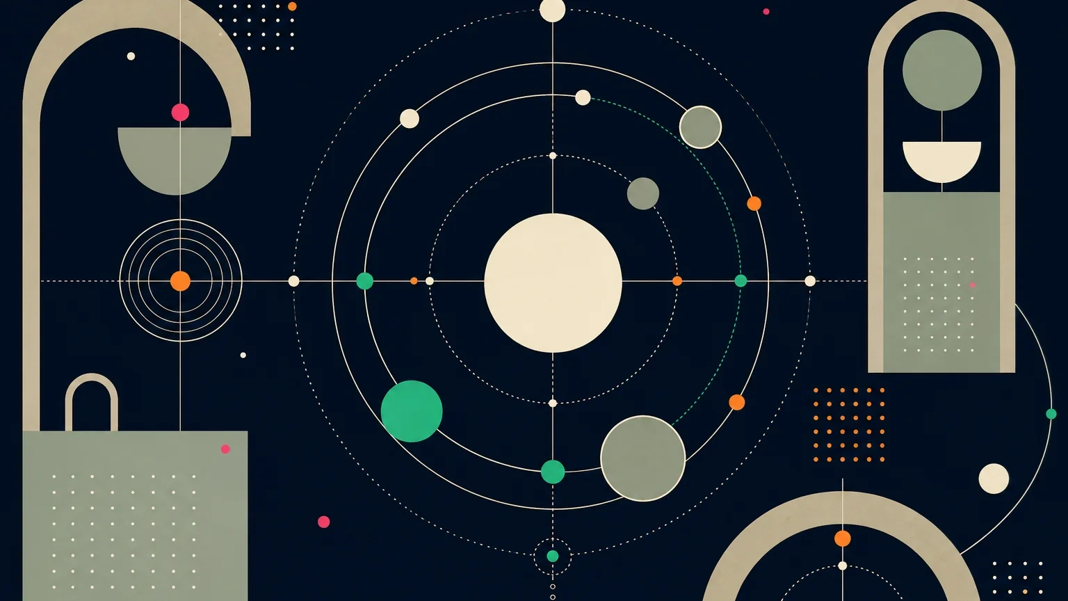Bauhaus orbit map of forms representing AI meaning similarity around a secret word