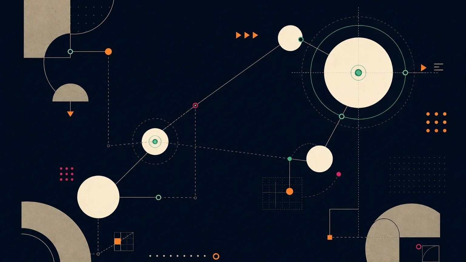 Sparse Bauhaus pathway forms representing an AI-guided route toward a secret word
