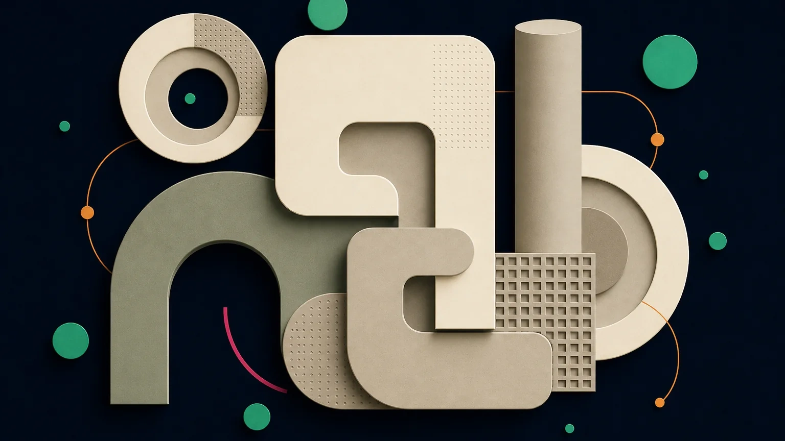 Soft 3D interlocking forms suggesting connected word meanings in a semantic puzzle